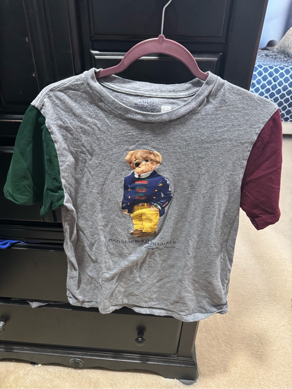 Polo by Ralph Lauren Gray Tee with Green & Burgundy Sleeves featuring Polo Bear